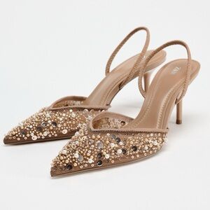 Zara Pearl Embellished Heels tan cream brown size 11